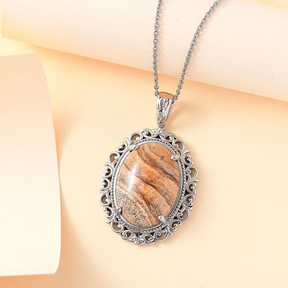 Jasper Gemstone Pendant in Platinum Bond with Stainless Steel 20" Necklace - Picture 2 of 3